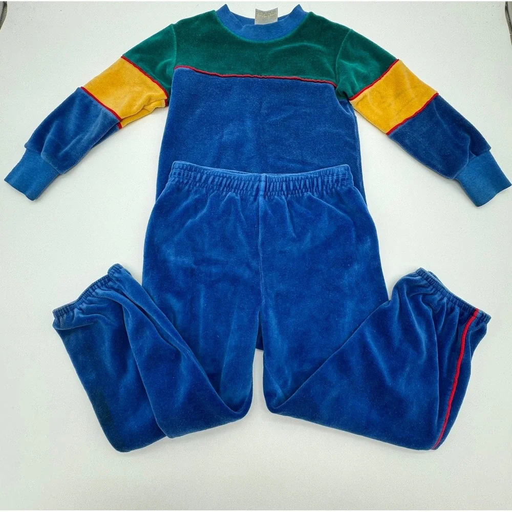 Vintage Toddly Winks Velour Color Tracksuit Set Blue Green Yellow Size 3T USA